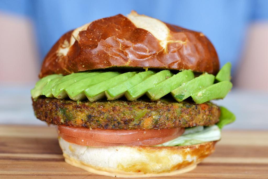 Veggie Burger · Lettuce, tomato and avocado. Served on a delicious pretzel bun.