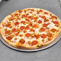 Sausage and Pepperoni Pie · Seasoned ground meat that has been wrapped in a casing.