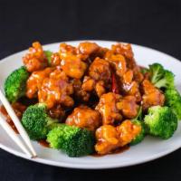 H9. General Tso's Chicken · Chunks of chicken lightly fried with hot bean sauce. Served with white rice. Hot and spicy.
