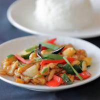 Stir Fry Chicken · Chicken with Sautéed Bell Pepper, Onion, Dried Hot Chili, & Sliced Ginger.