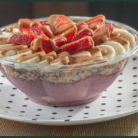 The Elvis Bowl · Acai, almond milk, strawberry, banana, and strawberry jam. Topped with: banana, peanut butte...
