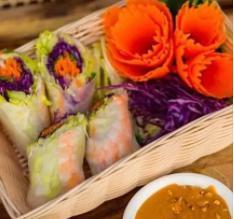 Salad Roll · 2 pieces. Noodle, lettuce, carrot, cabbage, cucumber, cilantro, bean sprout, mint, and Thai peanut sauce.