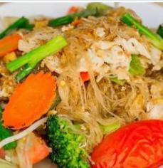 Pad Woon Sen · Glass noodle, green and white onion, carrot, celery, cabbage, broccoli, bean sprout, and egg.