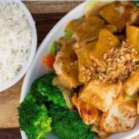 Lemongrass Chicken · Grilled chicken breast, broccoli, celery, carrot, and cabbage, topped with Thai peanut sauce...