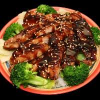 Teriyaki Chicken Bowl · Steamed white rice with mixed vegetables and grilled chicken topped with our signature teriy...