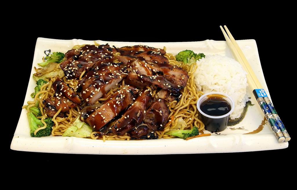 Yakisoba Chicken · Yakisoba noodles stir fried w/ mixed vegetables w/ grilled chicken topped with our signature teriyaki sauce and sesame seeds 
