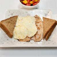 Healthy Breakfast · 2 egg whites, sliced turkey, whole wheat toast and fruit salad.