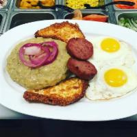 Mangu 3 Golpes · Served with mashed green plantains , salami , fried cheese and eggs