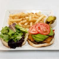 Santa Fe Burger · Hamburger, cheddar cheese, grilled onions and peppers, avocado, mixed greens, tomatoes and m...