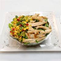 Southwestern  salad · Corn, red peppers, green peppers, onions, cilantro mixed with salt pepper and olive oil.