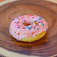 Strawberry Glazed Doughnut · Daily homemade donut with strawberry glaze and sprinkles.