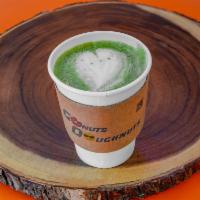 Matcha latte · delicious matcha (green tea powdered) latte with steamed milk and milk foam
