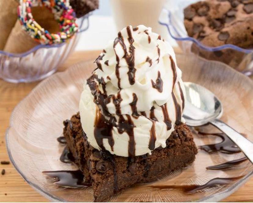 Brownie Sundae · Standard sundae. 1 warm brownie served with your choice of ice cream flavor topped with chocolate syrup whipped cream and a cherry.