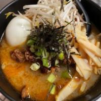 B.B.Q. Miso Ramen · Ramen noodle with miso broth boiled egg, green onion with bamboo shoot on top bbq choice of ...