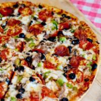 The Works Pizza · Papa Ray's pizza sauce, Italian sausage, pepperoni, fresh onions, black olives, mushrooms an...