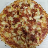 Tropical Hawaiian Pizza · Papa Ray's pizza sauce, Canadian bacon, crispy smoked bacon and sweet pineapple.