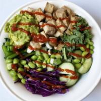 The Superfood Salad · tofu. mixed greens, guacamole, kale, choy sum, red cabbage, edamame, cucumbers, scallions, c...