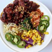 The Inferno Salad · spicy pork. mixed greens, kimchi, bean sprouts, spinach, corn, red onions, egg garnish, scal...