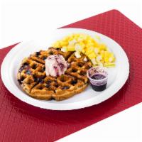 Blueberry Belgian Waffle · Gluten free vegan Belgian waffle made with organic blueberries . Topped with our organic fre...