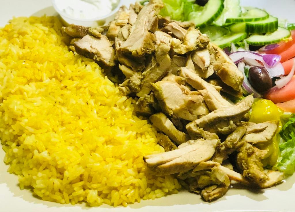Chicken Plate. · Chicken Gyro Served over Rice with side of small Greek salad, Hummus and Pita.