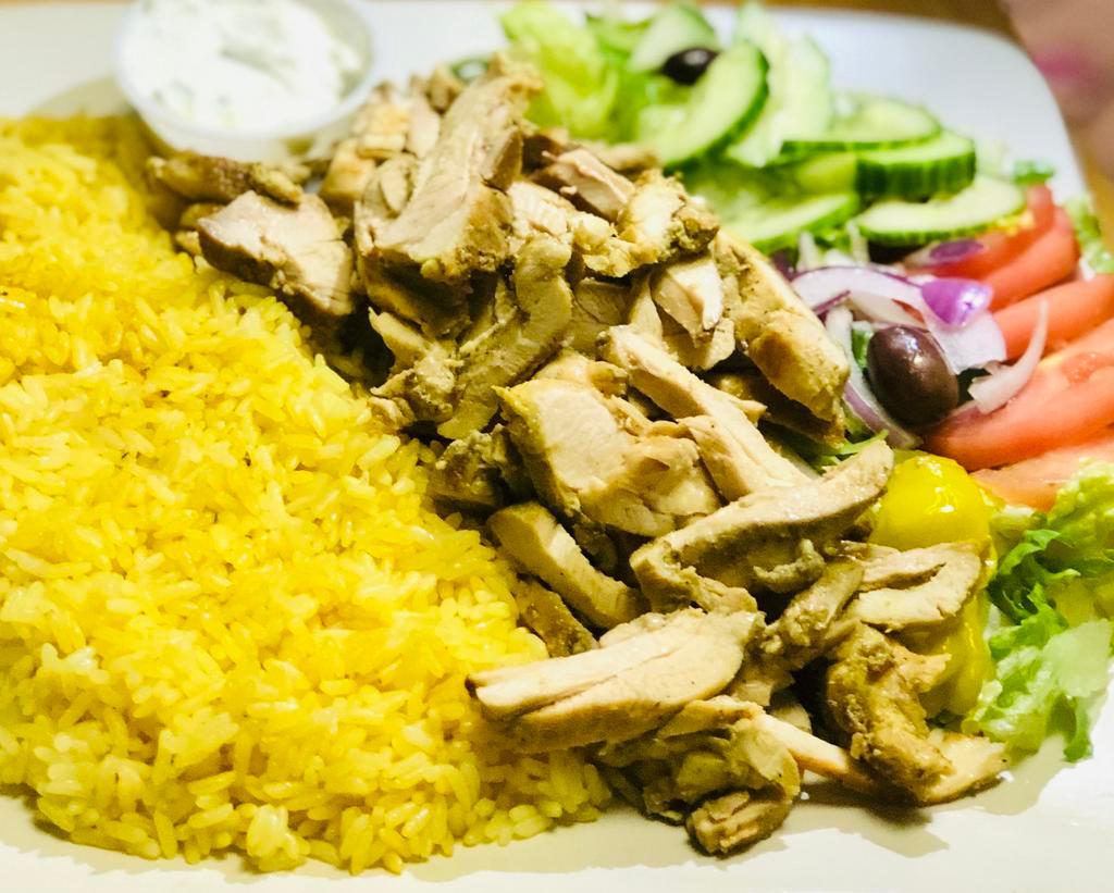 Spicy Chicken Plate. · Spicy Chicken Gyro Served over Rice with side of small Greek salad, Hummus and Pita.