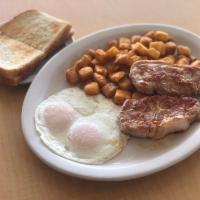 Pork Chops and Eggs · Thick cut of meat from a pig typically cut from the spine.