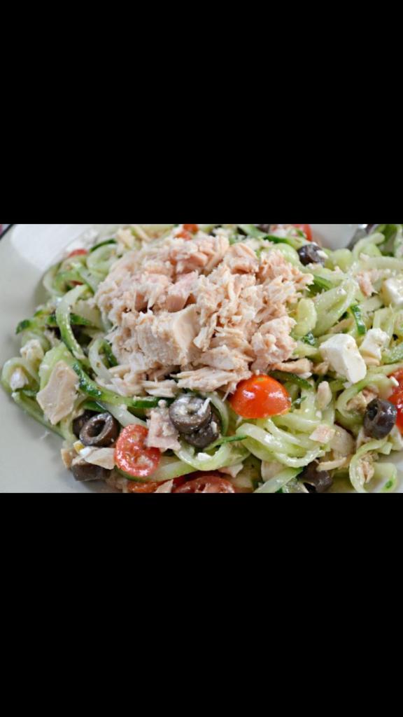 Tuna Salad · Spring mix, tuna, mozzarella cheese on mixed lettuce with tomatoes, cucumbers, onions, green peppers, Kalamata olives, boiled egg and croutons.