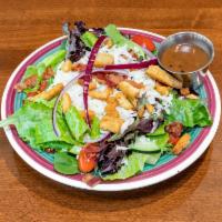 Del Sol’s House Salad · Romana, green leaf, cherry tomatoes, red onion, cucumber, mozzarella cheese, bacon, croutons...