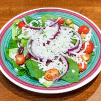 Mediterranean Salad · Romaine lettuce, spinach, baby tomatoes, garbanzo beans, Kalamata olives, mozzarella cheese,...