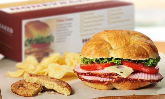 Ham Classic Sandwich Meal · Honey Baked Ham topped with Swiss cheese, lettuce, tomato, Duke’s® mayonnaise, and hickory honey mustard on a flaky croissant. Comes with a side and drink. 230-1480 cal.
