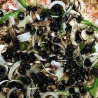 Veggie Pizza · Black olives, onions, mushrooms and bell peppers. Vegetarian.