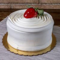 Strawberry Shortcake (Parve) · Vanilla cake with vanilla custard with fresh strawberries frosted with whipped cream.