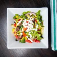 Greek Salad · Romaine lettuce, organic greens, Kalamata olives, Roma tomatoes, red onions, cucumbers, bell...