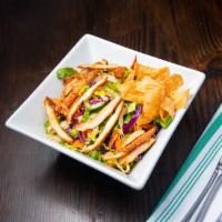 Asian Chicken Salad · Free-range chicken breast, romaine lettuce, bell peppers, red cabbage, cucumbers, shaved car...