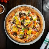 Veggi  Pizza · Cremini mushrooms, roma tomatoes, bell peppers, marinated artichoke hearts, red onions, mozz...