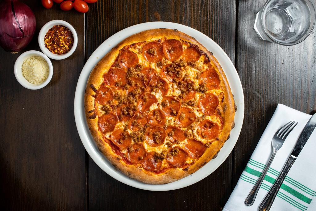 Soprano  Pizza · Italian sausage, pepperoni, mozzarella and San Marzano tomato sauce.