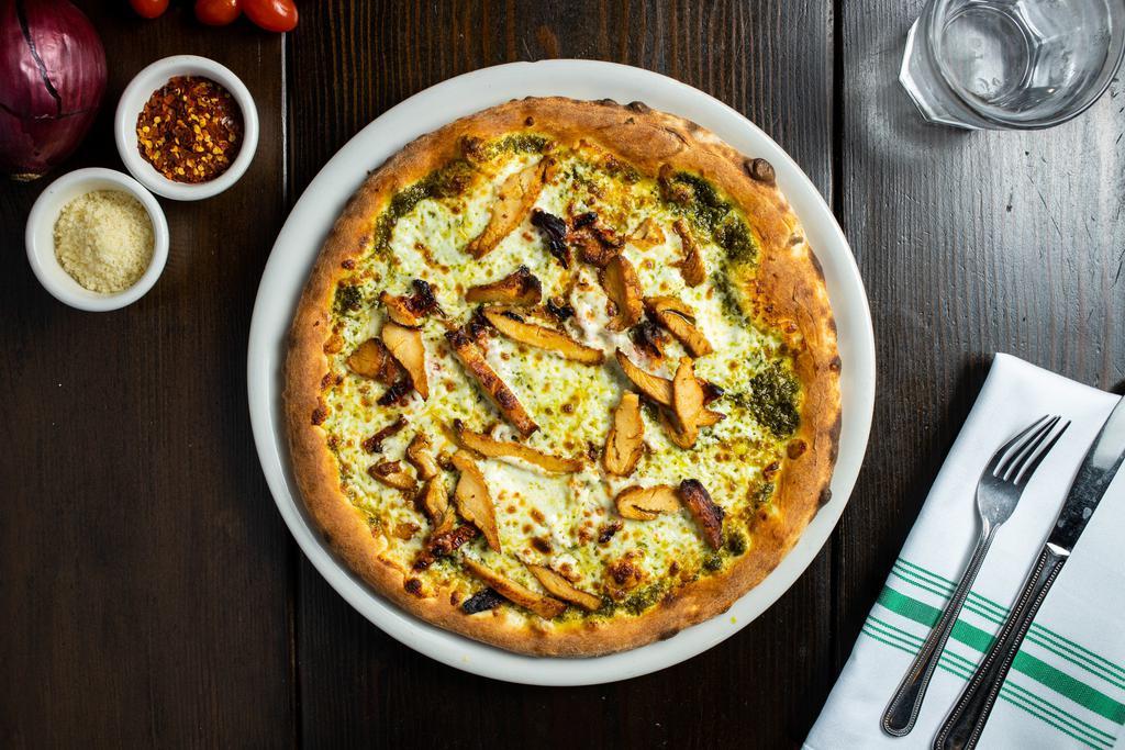 Pesto  Pizza · Free-range chicken breast, sun-dried tomatoes, mozzarella and pesto. 
