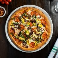 Capricciosa  Pizza · Calabrian salami, cremini mushrooms, marinated artichoke hearts, Kalamata olives, basil, moz...