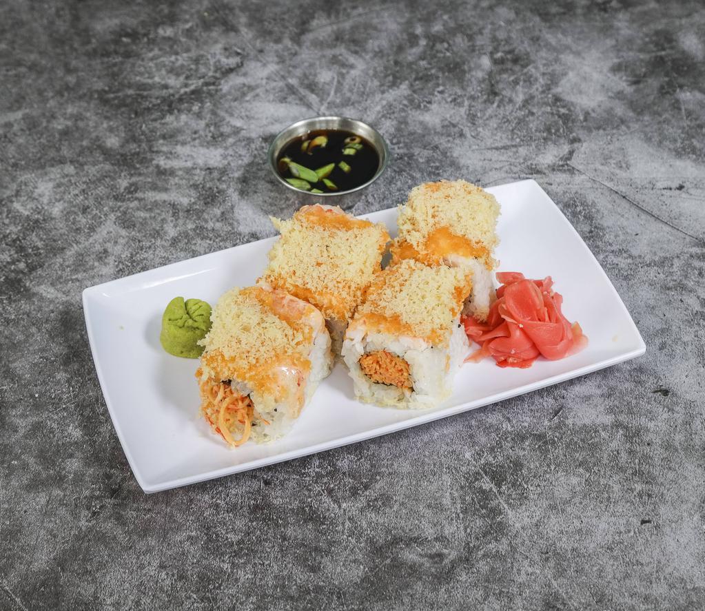 26. Crunch Munch Roll · Inside spicy crab with shrimp tempura and spicy mayo on the top. Cooked.
