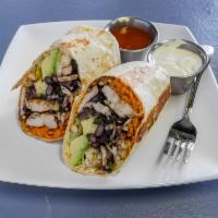 Burrito · Comes on flour tortilla with cheese rice, beans avocado cilantro and onions. Your choice of ...