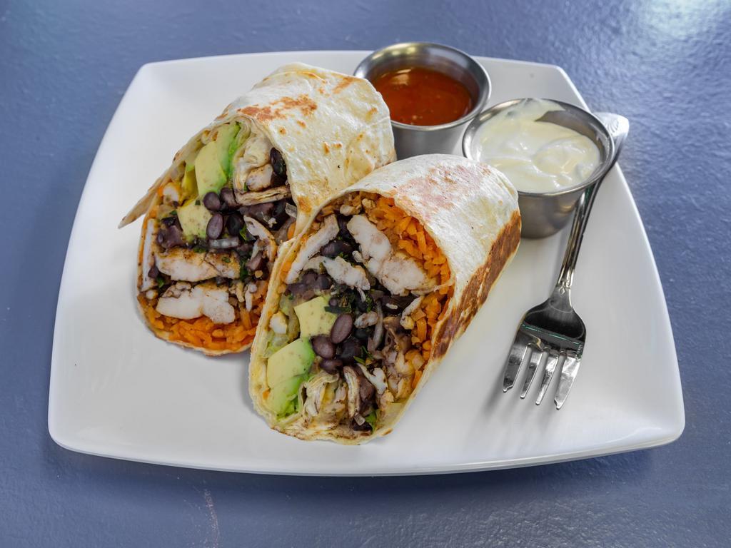 Burrito · Comes on flour tortilla with cheese rice, beans avocado cilantro and onions. Your choice of protein.