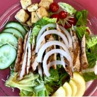 Blue Line Salad · Apple, cucumber, tomatoes, romaine lettuce, parmesan cheese, croutons and grilled chicken.