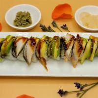 10 Pieces Dragon BBQ Eel Roll · In BBQ eel, cucumber, and avocado. Out avocado. Include natural ginger, natural wasabi, and ...