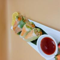 Shrimp Spring Roll · Rice paper, shrimp salad, avocado, cucumber, carrot, and lettuce.