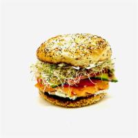 Bagel & Lox Breakfast · Tarragon chive schmear, lox, tomato, cucumber, shaved red onion, sprouts.  Our bagels contai...