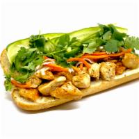 Garlic Pepper Chicken Banh Mi · marinated garlic chicken on a toasted french baguette with pickled daikon & carrots, fresh m...
