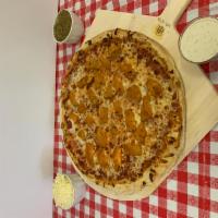 Buffalo Chicken Pizza · Breaded chicken covered in buffalo sauce on our handmade pizza with a side of blue cheese.