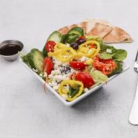 Greek Salad · romaine lettuce, baby spinach, kalamatta olives
feta cheese, cucumbers, red onion, banana pe...