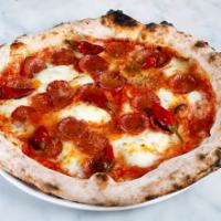 Diavola Pizza · Tomato sauce, mozzarella, Italian salami and Calabrian peppers.