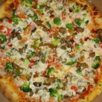Vegetarian Pizza · Spinach, broccoli, mushroom, onion, fresh green peppers and sliced tomatoes with mozzarella ...